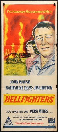 1z815 HELLFIGHTERS Aust daybill 1969 art of John Wayne as fireman Red Adair & Katharine Ross!