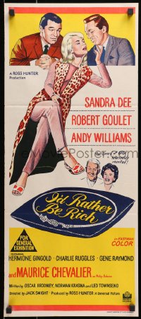 1z823 I'D RATHER BE RICH Aust daybill 1964 sexy Sandra Dee between Robert Goulet & Andy Williams!