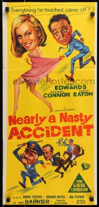 1z871 NEARLY A NASTY ACCIDENT Aust daybill 1962 art of officers chasing after sexy Shirley Eaton!