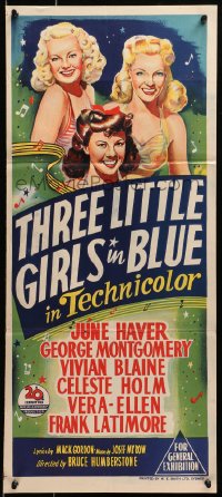 1z961 THREE LITTLE GIRLS IN BLUE Aust daybill 1946 sexy June Haver, Vivian Blaine & Vera-Ellen!