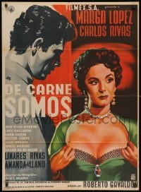 1z141 DE CARNE SOMOS Mexican poster 1955 artwork of sexy Marga Lopez pulling her shirt open!