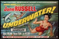 1z037 UNDERWATER 2pg English trade ad 1955 Howard Hughes, art of sexy Jane Russell swimming by shark!