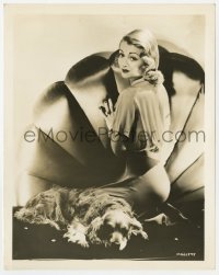 2a165 CONSTANCE BENNETT 8x10 still 1930s kneeling with her Cocker Spaniel by ornate deco chair!