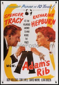 2b520 ADAM'S RIB 26x38 commercial poster 1980s Tracy & Hepburn fight over who wears the pants!