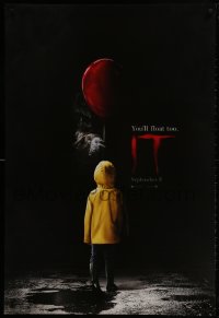 2b771 IT teaser DS 1sh 2017 creepy image of Pennywise handing child balloon, you'll float too!