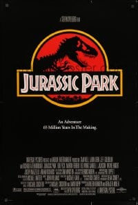 2b776 JURASSIC PARK DS 1sh 1993 Steven Spielberg, classic logo with T-Rex over red background