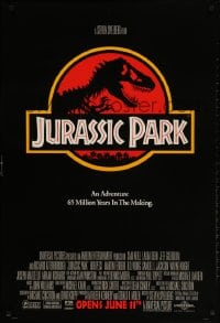 2b775 JURASSIC PARK advance 1sh 1993 Steven Spielberg, classic logo with T-Rex over red background