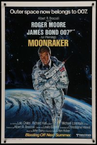 2b835 MOONRAKER style A advance 1sh 1979 art of Roger Moore as Bond blasting off in space by Goozee!