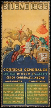 2b371 BILBAO 1933 2-sided 8x17 Spanish special poster 1933 matadors and a bull by Isi D. Gvinea!
