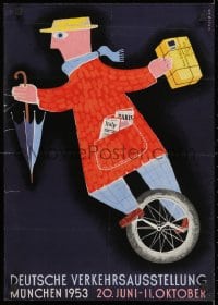 2b385 DEUTSCHE VERKEHRSAUSSTELLUNG 17x23 German special poster 1953 tourist on unicycle by Andrian!