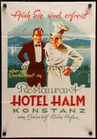 2b409 HOTEL HALM 16x23 German special poster 1930s wonderful art of smiling chef and waiter!