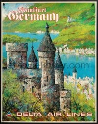 2b012 DELTA AIR LINES FRANKFURT GERMANY 22x28 travel poster 1978 Jack Laycox art of castle & river!