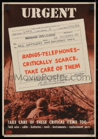 2b158 URGENT 14x20 WWII war poster 1945 great image of soldier talking on a radio in foxhole!