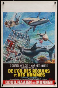 2c301 SHARKS' TREASURE Belgian 1975 Cornel Wilde, cool images of scuba divers underwater, shark cage!
