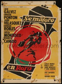 2c041 SEMAFORO EN ROJO Mexican poster 1964 cool art of man running in Red Traffic Light!