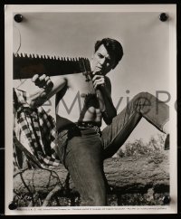 2d965 ROCK HUDSON 2 8x10 stills 1950s barechested holding saw and standing on boat on the beach!