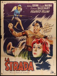 2f771 LA STRADA French 1p R1960s Fellini, art of Anthony Quinn & Masina by Enrico De Seta, rare!