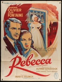 2f873 REBECCA French 1p R1950s Hitchcock, Grinsson art of Laurence Olivier & Joan Fontaine!