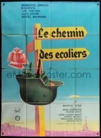 2f980 WAY OF YOUTH style B French 1p 1959 Hurel art of helmet & rose hanging from road sign!
