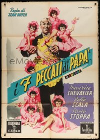 2f147 MY SEVEN LITTLE SINS Italian 1p 1954 DeSeta art of Maurice Chevalier in apron w/ tiny girls!