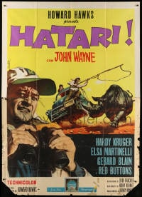 2f036 HATARI Italian 2p 1962 Howard Hawks, cool artwork of John Wayne in Africa by Enzo Nistri!