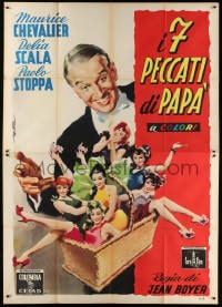 2f057 MY SEVEN LITTLE SINS Italian 2p 1954 Deseta art of Maurice Chevalier & sexy girls in basket!