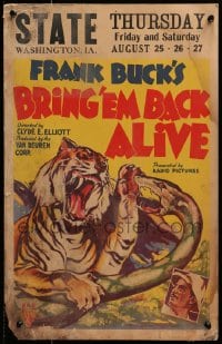 2f225 BRING 'EM BACK ALIVE WC 1933 Frank Buck, cool art of tiger fighting giant snake in jungle!
