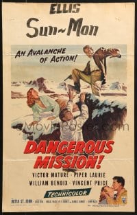 2f244 DANGEROUS MISSION WC 1954 Victor Mature, Piper Laurie, an avalanche of action!
