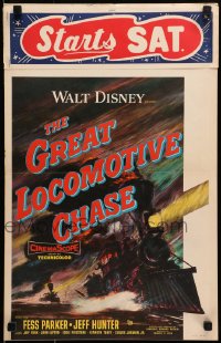 2f284 GREAT LOCOMOTIVE CHASE WC 1956 Walt Disney, cool artwork of two trains on the railroad!