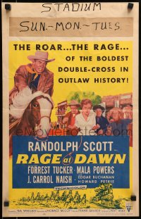 2f368 RAGE AT DAWN WC 1955 cool artwork of outlaw hunter Randolph Scott on horseback!
