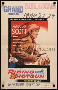 2f377 RIDING SHOTGUN WC 1954 great image of cowboy Randolph Scott with smoking gun!