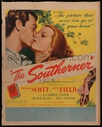 2f412 SOUTHERNER WC 1945 Jean Renoir, art of Zachary Scott kissing sexy Betty Field!