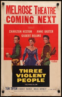 2f442 THREE VIOLENT PEOPLE WC 1956 sexy Anne Baxter between Charlton Heston & Gilbert Roland!
