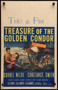 2f453 TREASURE OF THE GOLDEN CONDOR WC 1953 art of Cornel Wilde grabbing girl & attacked by snake!