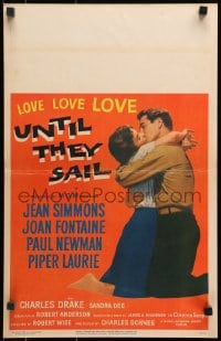 2f458 UNTIL THEY SAIL WC 1957 Paul Newman kissing sexy Jean Simmons, from James Michener story!