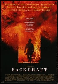2g087 BACKDRAFT DS 1sh 1991 firefighter Kurt Russell in blazing fire, directed by Ron Howard!