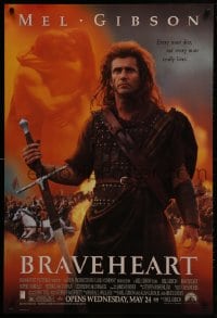 2g142 BRAVEHEART advance 1sh 1995 cool image of Mel Gibson as William Wallace!