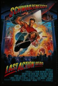 2g524 LAST ACTION HERO 1sh 1993 cool Morgan art of Arnold Schwarzenegger crashing through screen!