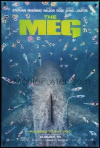 2g587 MEG teaser DS 1sh 2018 image of giant megalodon and terrified swimmers, pleased to eat you!