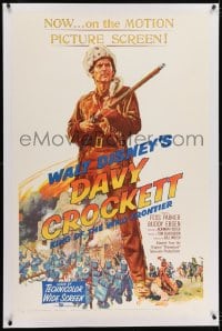 2h081 DAVY CROCKETT, KING OF THE WILD FRONTIER linen 1sh 1955 Disney, classic art of Fess Parker!