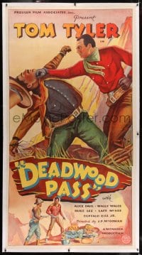 2h010 DEADWOOD PASS linen 3sh 1933 full-length art of cowboy Tom Tyler punching bad guy, very rare!