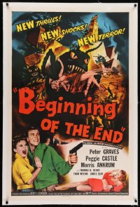 2h037 BEGINNING OF THE END linen 1sh 1957 Peter Graves & Peggie Castle, giant grasshopper sci-fi!