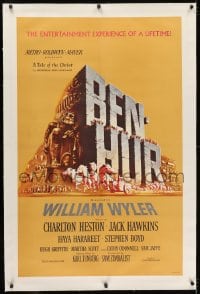 2h038 BEN-HUR linen 1sh 1960 Charlton Heston, William Wyler classic epic, cool chariot & title art!