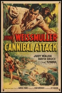 2h057 CANNIBAL ATTACK linen 1sh 1954 Cravath art of Johnny Weissmuller w/knife, fighting alligators!