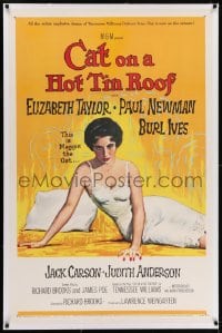 2h063 CAT ON A HOT TIN ROOF linen 1sh 1958 classic artwork of Elizabeth Taylor as Maggie the Cat!