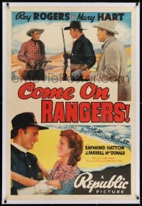 2h068 COME ON RANGERS linen 1sh 1938 art of Roy Rogers pointing two guns at bad guys!