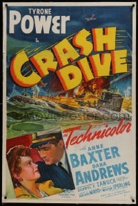 2h072 CRASH DIVE linen 1sh 1943 art of Tyrone Power & Anne Baxter + burning submarine!