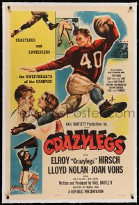 2h073 CRAZYLEGS linen 1sh 1953 art of football star Elroy Crazylegs Hirsch & Lovelylegs Joan Vohs!