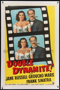 2h095 DOUBLE DYNAMITE linen 1sh 1952 great art of Groucho Marx & sexy Jane Russell on film strip!