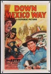2h096 DOWN MEXICO WAY linen 1sh 1941 Gene Autry & Smiley Burnette go south of the border, cool art!